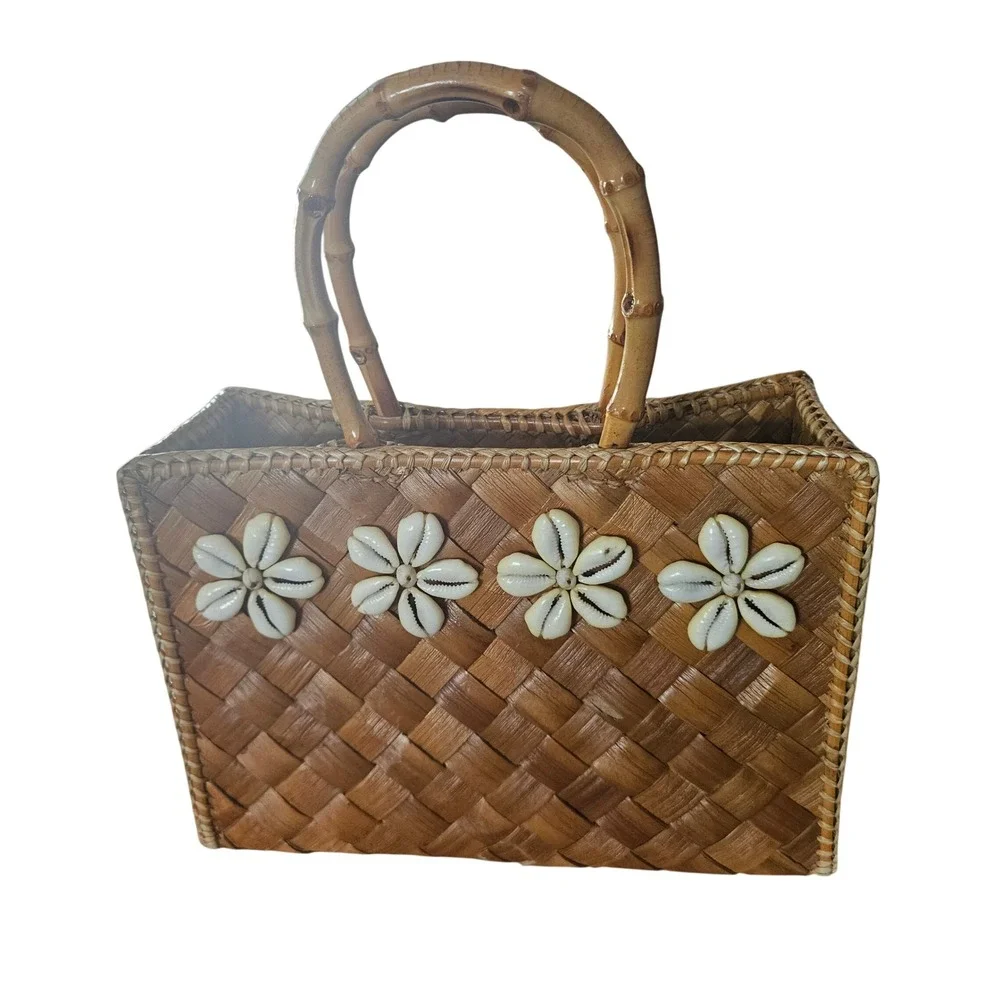 Lois Hill Woven Straw Basket Tote Bag Cowrie Shell Flower Bamboo Handle Brown